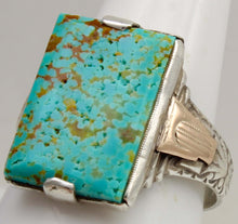 Load image into Gallery viewer, Antique 1930s Late Period Art Deco RARE Natural #8 Mine Nevada Turquoise Silver &amp; 10k Gold Mens Ring