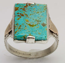 Load image into Gallery viewer, Antique 1930s Late Period Art Deco RARE Natural #8 Mine Nevada Turquoise Silver &amp; 10k Gold Mens Ring
