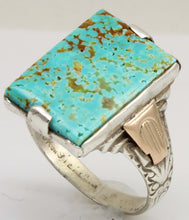 Load image into Gallery viewer, Antique 1930s Late Period Art Deco RARE Natural #8 Mine Nevada Turquoise Silver &amp; 10k Gold Mens Ring