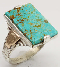 Load image into Gallery viewer, Antique 1930s Late Period Art Deco RARE Natural #8 Mine Nevada Turquoise Silver &amp; 10k Gold Mens Ring