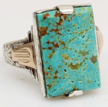 Load image into Gallery viewer, Antique 1930s Late Period Art Deco RARE Natural #8 Mine Nevada Turquoise Silver &amp; 10k Gold Mens Ring