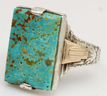 Load image into Gallery viewer, Antique 1930s Late Period Art Deco RARE Natural #8 Mine Nevada Turquoise Silver &amp; 10k Gold Mens Ring