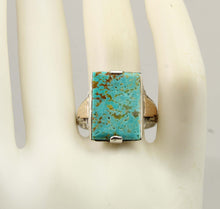 Load image into Gallery viewer, Antique 1930s Late Period Art Deco RARE Natural #8 Mine Nevada Turquoise Silver &amp; 10k Gold Mens Ring
