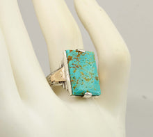 Load image into Gallery viewer, Antique 1930s Late Period Art Deco RARE Natural #8 Mine Nevada Turquoise Silver &amp; 10k Gold Mens Ring