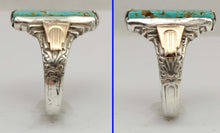 Load image into Gallery viewer, Antique 1930s Late Period Art Deco RARE Natural #8 Mine Nevada Turquoise Silver &amp; 10k Gold Mens Ring