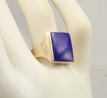Load image into Gallery viewer, Antique 1920's Art Deco Genuine Lapis Lazuli Hand Engraved &amp; Milgrained Silver &amp;14k Gold Men's Ring