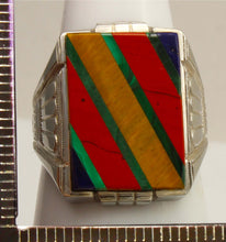 Load image into Gallery viewer, Antique 1920's Art Deco Lapis Tiger's Eye Jasper Malachite Intarsia 10k Solid White Gold Men's Ring