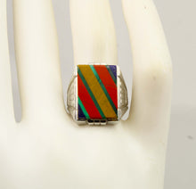 Load image into Gallery viewer, Antique 1920's Art Deco Lapis Tiger's Eye Jasper Malachite Intarsia 10k Solid White Gold Men's Ring