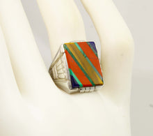 Load image into Gallery viewer, Antique 1920's Art Deco Lapis Tiger's Eye Jasper Malachite Intarsia 10k Solid White Gold Men's Ring
