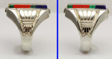 Load image into Gallery viewer, Antique 1920's Art Deco Lapis Tiger's Eye Jasper Malachite Intarsia 10k Solid White Gold Men's Ring