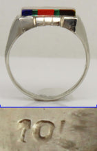 Load image into Gallery viewer, Antique 1920's Art Deco Lapis Tiger's Eye Jasper Malachite Intarsia 10k Solid White Gold Men's Ring