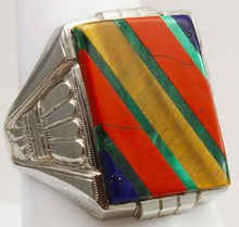 Load image into Gallery viewer, Antique 1920's Art Deco Lapis Tiger's Eye Jasper Malachite Intarsia 10k Solid White Gold Men's Ring