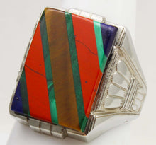 Load image into Gallery viewer, Antique 1920's Art Deco Lapis Tiger's Eye Jasper Malachite Intarsia 10k Solid White Gold Men's Ring