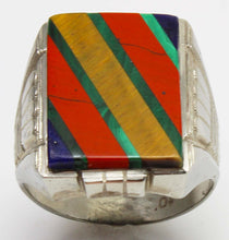 Load image into Gallery viewer, Antique 1920's Art Deco Lapis Tiger's Eye Jasper Malachite Intarsia 10k Solid White Gold Men's Ring
