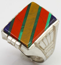 Load image into Gallery viewer, Antique 1920's Art Deco Lapis Tiger's Eye Jasper Malachite Intarsia 10k Solid White Gold Men's Ring