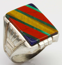 Load image into Gallery viewer, Antique 1920's Art Deco Lapis Tiger's Eye Jasper Malachite Intarsia 10k Solid White Gold Men's Ring