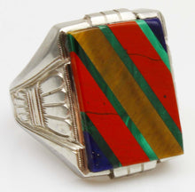 Load image into Gallery viewer, Antique 1920's Art Deco Lapis Tiger's Eye Jasper Malachite Intarsia 10k Solid White Gold Men's Ring