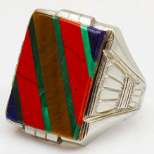 Load image into Gallery viewer, Antique 1920's Art Deco Lapis Tiger's Eye Jasper Malachite Intarsia 10k Solid White Gold Men's Ring