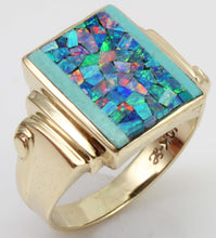 Load image into Gallery viewer, Antique 1920&#39;s Art Deco Natural Mosaic Opal Turquoise Intarsia Inlay 10k Solid Yellow Gold Mens Ring