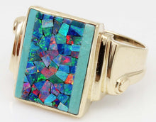 Load image into Gallery viewer, Antique 1920&#39;s Art Deco Natural Mosaic Opal Turquoise Intarsia Inlay 10k Solid Yellow Gold Mens Ring