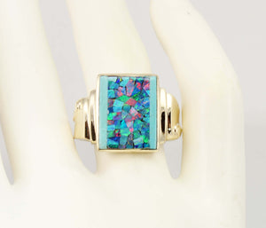 Antique 1920's Art Deco Natural Mosaic Opal Turquoise Intarsia Inlay 10k Solid Yellow Gold Mens Ring