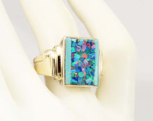 Load image into Gallery viewer, Antique 1920&#39;s Art Deco Natural Mosaic Opal Turquoise Intarsia Inlay 10k Solid Yellow Gold Mens Ring