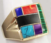 Load image into Gallery viewer, Vintage 1960&#39;s Southwestern Natural Multi Gemstone RARE Intarsia Inlay 10k Solid Gold Men&#39;s Ring