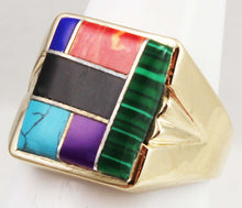 Load image into Gallery viewer, Vintage 1960&#39;s Southwestern Natural Multi Gemstone RARE Intarsia Inlay 10k Solid Gold Men&#39;s Ring