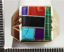 Load image into Gallery viewer, Vintage 1960&#39;s Southwestern Natural Multi Gemstone RARE Intarsia Inlay 10k Solid Gold Men&#39;s Ring