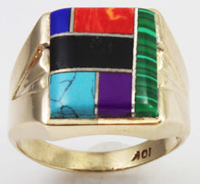 Load image into Gallery viewer, Vintage 1960&#39;s Southwestern Natural Multi Gemstone RARE Intarsia Inlay 10k Solid Gold Men&#39;s Ring