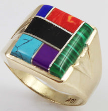 Load image into Gallery viewer, Vintage 1960&#39;s Southwestern Natural Multi Gemstone RARE Intarsia Inlay 10k Solid Gold Men&#39;s Ring