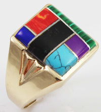 Load image into Gallery viewer, Vintage 1960&#39;s Southwestern Natural Multi Gemstone RARE Intarsia Inlay 10k Solid Gold Men&#39;s Ring