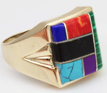 Load image into Gallery viewer, Vintage 1960&#39;s Southwestern Natural Multi Gemstone RARE Intarsia Inlay 10k Solid Gold Men&#39;s Ring