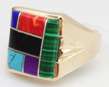 Load image into Gallery viewer, Vintage 1960&#39;s Southwestern Natural Multi Gemstone RARE Intarsia Inlay 10k Solid Gold Men&#39;s Ring