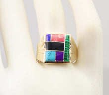 Load image into Gallery viewer, Vintage 1960&#39;s Southwestern Natural Multi Gemstone RARE Intarsia Inlay 10k Solid Gold Men&#39;s Ring