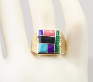 Vintage 1960's Southwestern Natural Multi Gemstone RARE Intarsia Inlay 10k Solid Gold Men's Ring