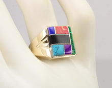 Load image into Gallery viewer, Vintage 1960&#39;s Southwestern Natural Multi Gemstone RARE Intarsia Inlay 10k Solid Gold Men&#39;s Ring