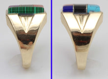 Load image into Gallery viewer, Vintage 1960&#39;s Southwestern Natural Multi Gemstone RARE Intarsia Inlay 10k Solid Gold Men&#39;s Ring