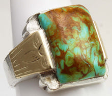 Load image into Gallery viewer, Antique SIGNED ECCO 1920's Art Deco Natural Kingman Mine Turquoise Silver &amp; 10k Gold Men's Ring