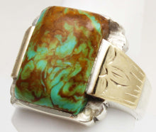 Load image into Gallery viewer, Antique SIGNED ECCO 1920's Art Deco Natural Kingman Mine Turquoise Silver &amp; 10k Gold Men's Ring
