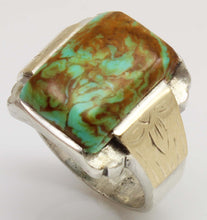 Load image into Gallery viewer, Antique SIGNED ECCO 1920's Art Deco Natural Kingman Mine Turquoise Silver &amp; 10k Gold Men's Ring