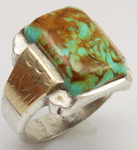 Load image into Gallery viewer, Antique SIGNED ECCO 1920's Art Deco Natural Kingman Mine Turquoise Silver &amp; 10k Gold Men's Ring