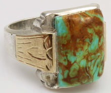 Load image into Gallery viewer, Antique SIGNED ECCO 1920's Art Deco Natural Kingman Mine Turquoise Silver &amp; 10k Gold Men's Ring