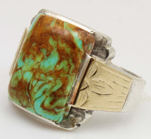 Load image into Gallery viewer, Antique SIGNED ECCO 1920's Art Deco Natural Kingman Mine Turquoise Silver &amp; 10k Gold Men's Ring
