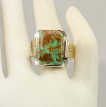 Load image into Gallery viewer, Antique SIGNED ECCO 1920's Art Deco Natural Kingman Mine Turquoise Silver &amp; 10k Gold Men's Ring