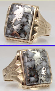 Antique c1900 Victorian VERY RARE Natural Silver Ore in Quartz Engraved 10k Solid Gold Men's Ring