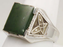 Load image into Gallery viewer, Vintage 1940's SIGNED Ostby &amp; Barton Winter Motif Snowshoe &amp; Sled Dog Alaskan Jade Silver Men's Ring