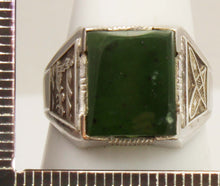 Load image into Gallery viewer, Vintage 1940's SIGNED Ostby &amp; Barton Winter Motif Snowshoe &amp; Sled Dog Alaskan Jade Silver Men's Ring
