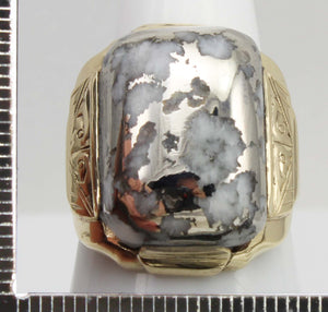 Antique 1920's Art Deco RARE Natural Silver Ore in Quartz Hand Engraved 10k Solid Gold Men's Ring