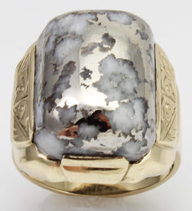 Antique 1920's Art Deco RARE Natural Silver Ore in Quartz Hand Engraved 10k Solid Gold Men's Ring